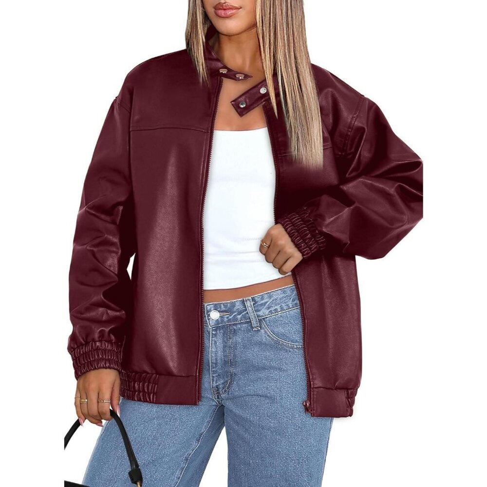 Women's Red Faux Leather Jacket Oversized Motorcycle Bomber Fashion Outfits - Picture 2 of 4